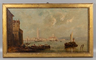 Подпись неразборчивая. Вид на Венецию. Конец XIX века. Холст, масло. Размер по раме 54х89 см. Ус 