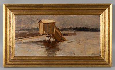 Самокиш Н. С. [по подписи] Причал. Этюд. 1930-е гг. Холст на картоне, масло. Размер 24х48 см. 