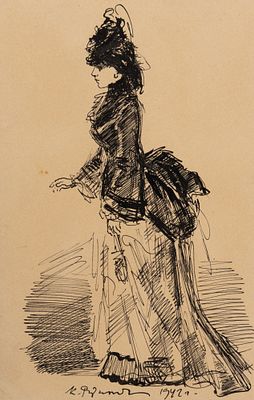 Рудаков К. И. [по подписи] Девушка в платье (набросок к "Анне Карениной"). 1942. Бумага, тушь. 