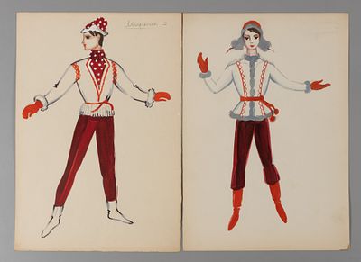 Бруни Т. Г. Лыжники (в красном). Эскизы костюмов для концертного номера "Зимушка-зима". 2 л. 
