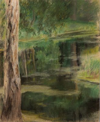 Якунина-Левина Е. П. Пейзаж с прудом. 1945. Бумага, пастель. Размер листа 37,5х30,5 см. Хорошее 