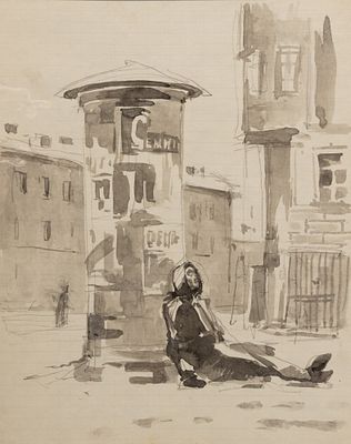 Якунина-Левина Е. П. Блокадный Ленинград. Погибший на улице. 1940-е гг. Тетрадный лист, тушь. 