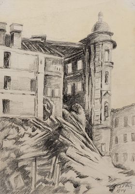 Ротач А. Л. Блокадный Ленинград. Руины доходного дома. 1944. Бумага, графитный и черный 