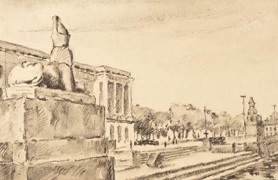 Успенский В. А. Сфинксы у Академии Художеств. 1945. Бумага, тушь, перо, кисть. Размер в свету 