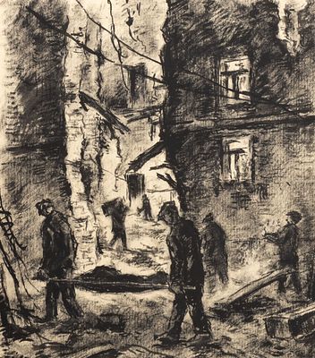 Успенский В. А. После налета. 1940-е гг. Бумага, сухая кисть, тушь. Размер в свету 17,5х19,3 