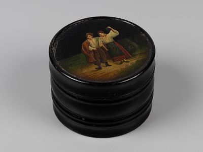 Шкатулка. Свидание. Мастерская круга Вишняковых, руб. XIX-XX вв. Папье-маше, лаковая миниатюра. 