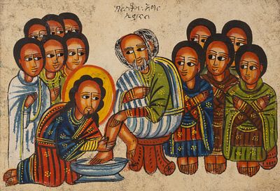 Икона. Омовение ног. Африка, Эфиопия, вторая половина ХХ века. Пергамент, акварель, тушь. 