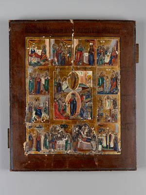 Икона. Воскресение Христово - Сошествие во Ад с праздниками в 12 клеймах. Владимирские села 