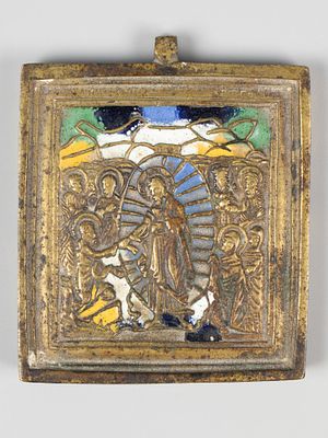 Икона. Воскресение Христово. XIX в. Медная пластика, 5 эмалей. Размер 5,2х5,7 см. Следы 