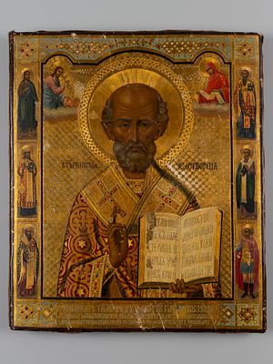 Икона. Николай Чудотворец с предстоящими. Палех (?), 1886 г. Дерево, левкас, цировка, темпера 