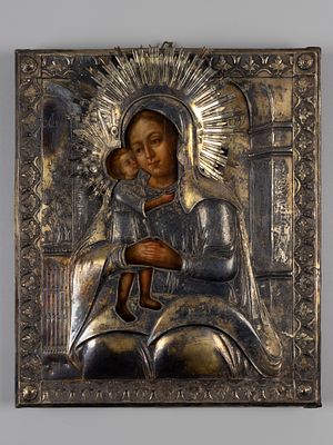 Икона в окладе. Богоматерь Взыскание Погибших. Тобольск, нач. XIX в. Бел. металл, позолота 