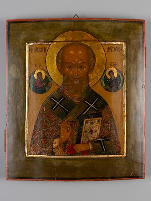 Икона. Николай Чудотворец. Мстера (?). XIX в. Дерево, левкас, темпера, золочение. Размер 31х27 