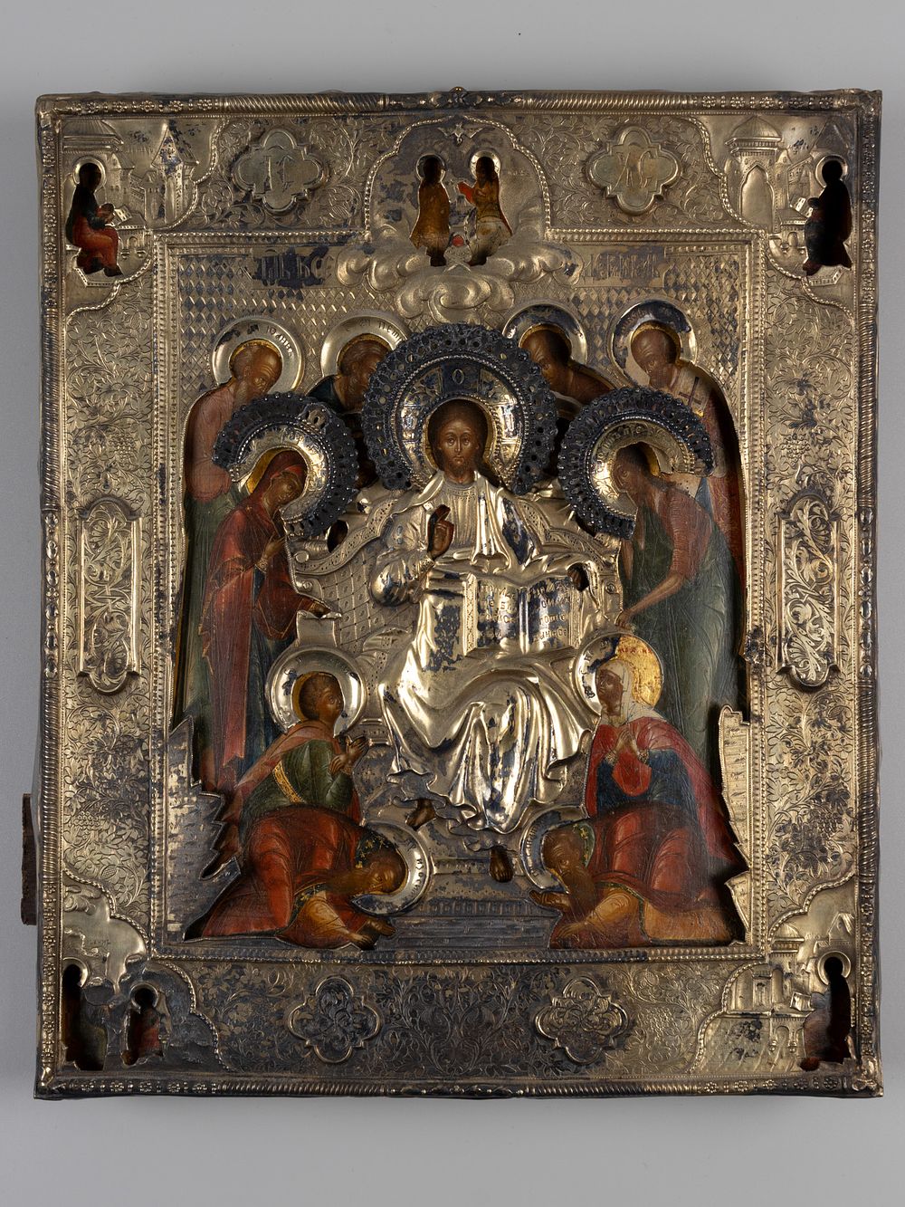 Икона в окладе. Седмица (Спас на троне). Палех, пер. треть XIX в. Бел. металл, позолота 