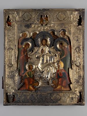 Икона в окладе. Седмица (Спас на троне). Палех, пер. треть XIX в. Бел. металл, позолота 