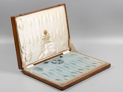 Морозов Н.Е. Коробка для набора чайных или кофейных ложек на 12 персон. Дерево, бархат. Кон. 