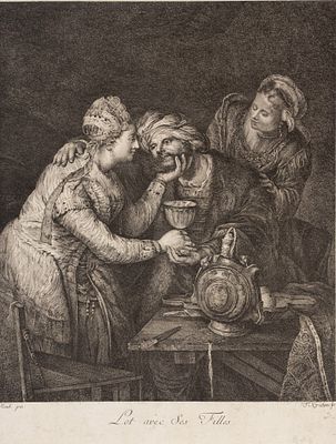 Гелдер А. (по оригиналу), Киршнер Ф. (гравер) Лот с дочерьми. XVIII век. Бумага, офорт. Размер 