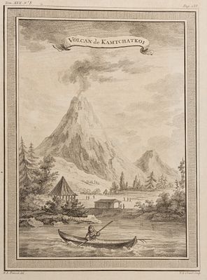 Вулкан на Камчатке. Из голландского издания Прево "Historische Beschryving der Reizen […]". 