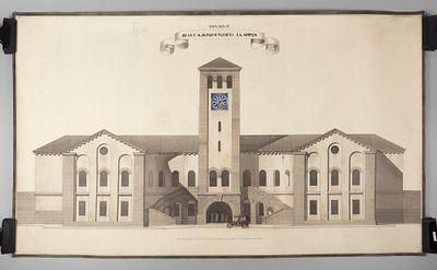 Розинг Л. Б. Проект пассажирского здания. 1924. Бумага, тушь, акварель. Главный фасад. Размер 