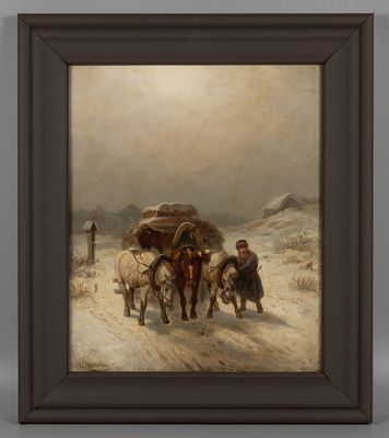 Н/х. Тройка. По зимней дороге. В стиле Н. Сверчкова. Пер. пол. XX века. Картон, масло. Размер 