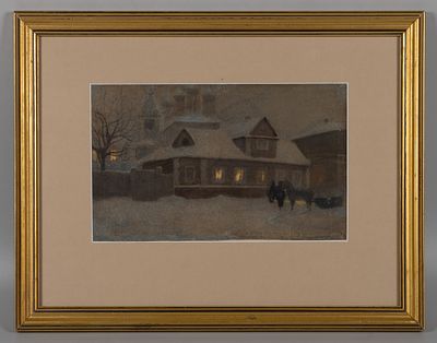 Н/х. Вечерний пейзаж. XX в. Бумага, акварель. Размер по раме 38х49 см. Условно хорошее 