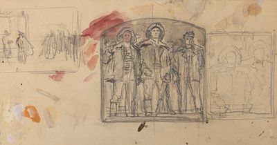 Непринцев Ю. М. Метростроевцы-проходчики. Набросок к картине 1959 года. Двусторонний рисунок. 