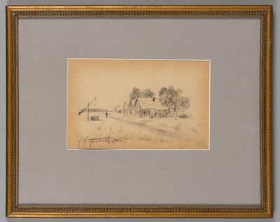 Николаев Н. [по подписи] Сельская улочка. 1911. Бумага, карандаш. Размер по раме 27,3х34 см. Хор 