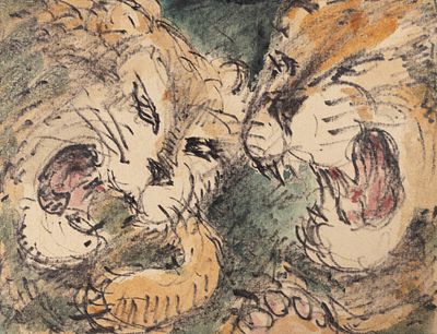 Блэк А. Э. [приписывается] Два тигра. Сер. XIX века. Бумага, тушь, акварель. Размер листа 14 