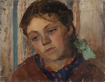 Н/х. Голубой бантик. Этюд. 1940-1950-е гг. Холст на доске, масло. Размер 20,5х25,5 см. Удовлетво 