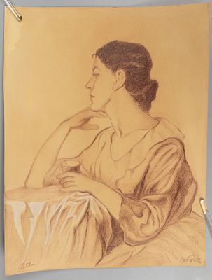 Ротач А. Л. Портрет женщины с бокалом. 1950. Бумага, цв. карандаши, белила. Размер листа 35х27 см. 