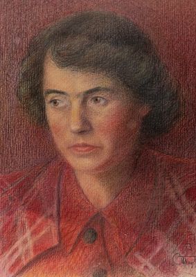 Тарасов С. Н. Портрет женщины в красном. 1953. Бумага, цветные карандаши. Размер 19х28,5 см. 