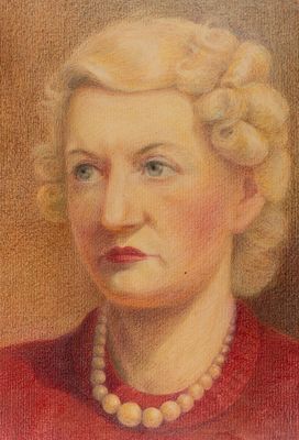 Тарасов С. Н. Портрет жены (с жемчужной нитью). 1950-е гг. Бумага, цветные карандаши. Размер 