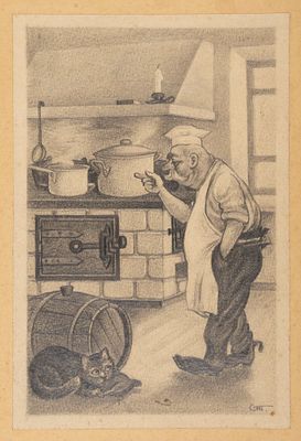 Тарасов С. Н. Кот и Повар. Оригинал иллюстрации для обертки конфет Ленинградской шоколадной 