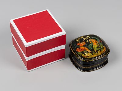 Палех. Шкатулка. Качели. Лаковая миниатюра. Худ. Липина С. Русские сувениры. 2000-е. 