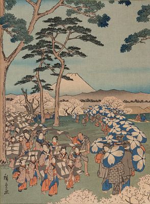 Утагава (Андо) Хиросигэ. Любование цветущей вишней на холме Асука. Центральная часть триптиха. 
