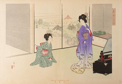 Мидзуно Тосиката. Разговор двух гейш. Лист из серии &laquo;Адзума Сугата&raquo;. 1890-1900-е гг. Бумага 