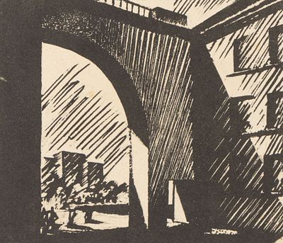 Великанов Ю. П. Новые дома. Нарвский район. Ок. 1930. Бумага, линогравюра. Размер листа 9,2х12,9 см.