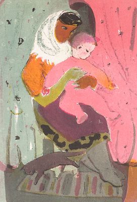 Матюх В. Ф. Женщина с ребенком. 1969. Бумага, цв. литография. Размер листа 62х47 см. Хорошее 