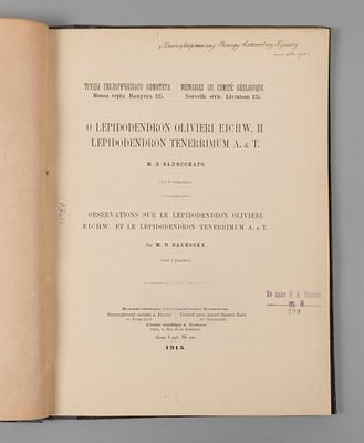 [Автограф] Залесский А.Д. О Lepidodendron olivieri eiсhw. и Lepidodendron tenorrimum А.&Т. Пг. 
