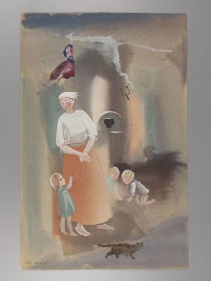 Г.А.В. Траугот. Женщина и дети. Оригинал иллюстрации к &laquo;Русским сказкам&raquo;. Бумага, смешанная техника.