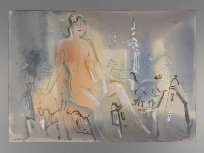 Г.А.В. Траугот. Девушка над городом. Бумага, смешанная техника. Размер 29,5х41,5 см. Внизу 