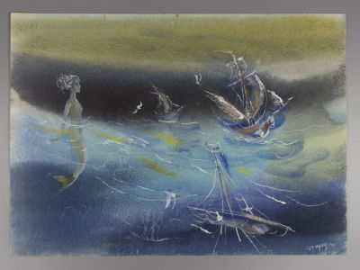 Г.А.В. Траугот. Корабль и русалочка. Бумага, акварель. Размер 36х55 см. Внизу подпись. Хорошее 