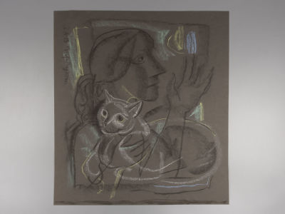 Г.А.В. Траугот. Девушка и кошка. Большой рисунок. Бумага, смешанная техника. Размер 55х50 см. 