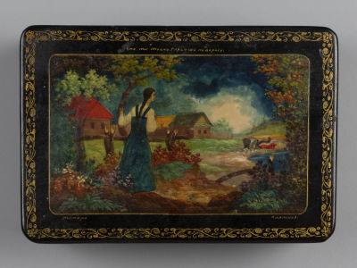 Шкатулка. Мастера Пяткова С. &laquo;Что ты жадно глядишь на дорогу&raquo; Папье-маше. 1950-е гг. Размеры 9 