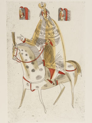 Домашенко Н. Разбойник и царь. 1989-1992. Офорт, акварель. Размер 24х15,5 см. 
Размер листа 34 