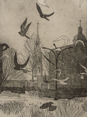 Сердюкова Н. Голуби. 2015. Офорт. Размер изображения 18х10 см. Размер листа 26,5х19,7 см. 