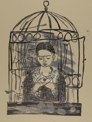 Филимонова А. Птичка. 2018. Цветная линогравюра. Размер изображения 43х30 см. Размер листа 