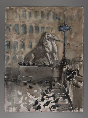 Мехова Е. Львиный мост. 2020. Бумага, акварель. Размер 37х28 см. Внизу подпись автора. Хорошее 