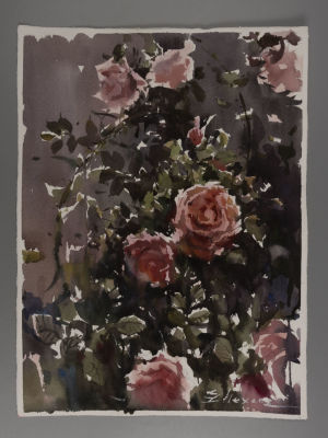 Мехова Е. Розы. 2020. Бумага, акварель. Размер 28х37 см. Внизу подпись автора. Хорошее 