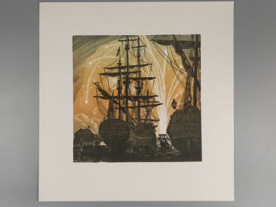 Яхнин Р. Петровский праздник. 1970-е гг. Линогравюра. Размер изображения 29,5х29,7 см. Размер 