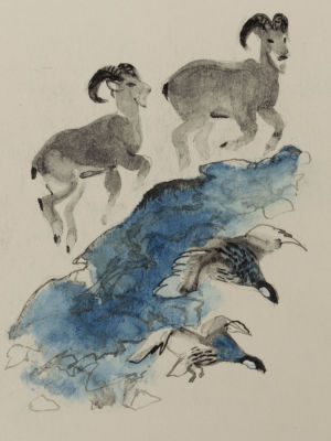 Капустина Т. Горные козочки и птицы. Оригинальная иллюстрация к книге Сладкова Н. И. &laquo;За пером 